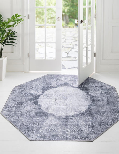 Washable Gray Ivory 5' x 5' Yara Octagon Area Rug Easy to Clean Stain Resistant & Durable Polyester & Chenille Carpet for Sale at Rug Engine