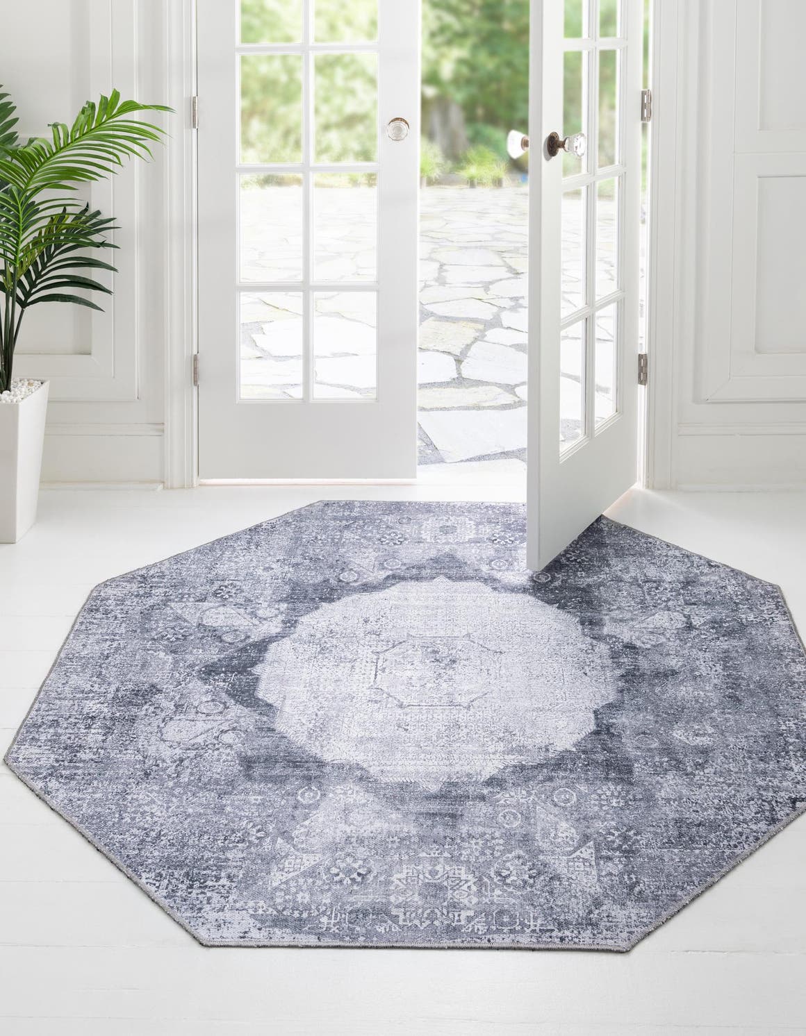 Washable Gray Ivory 7' 10 x 7' 10 Yara Octagon Area Rug Easy to Clean Stain Resistant & Durable Polyester & Chenille Carpet for Sale at Rug Engine