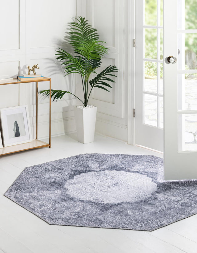 Washable Gray Ivory 7' 10 x 7' 10 Yara Octagon Area Rug Easy to Clean Stain Resistant & Durable Polyester & Chenille Carpet for Sale at Rug Engine