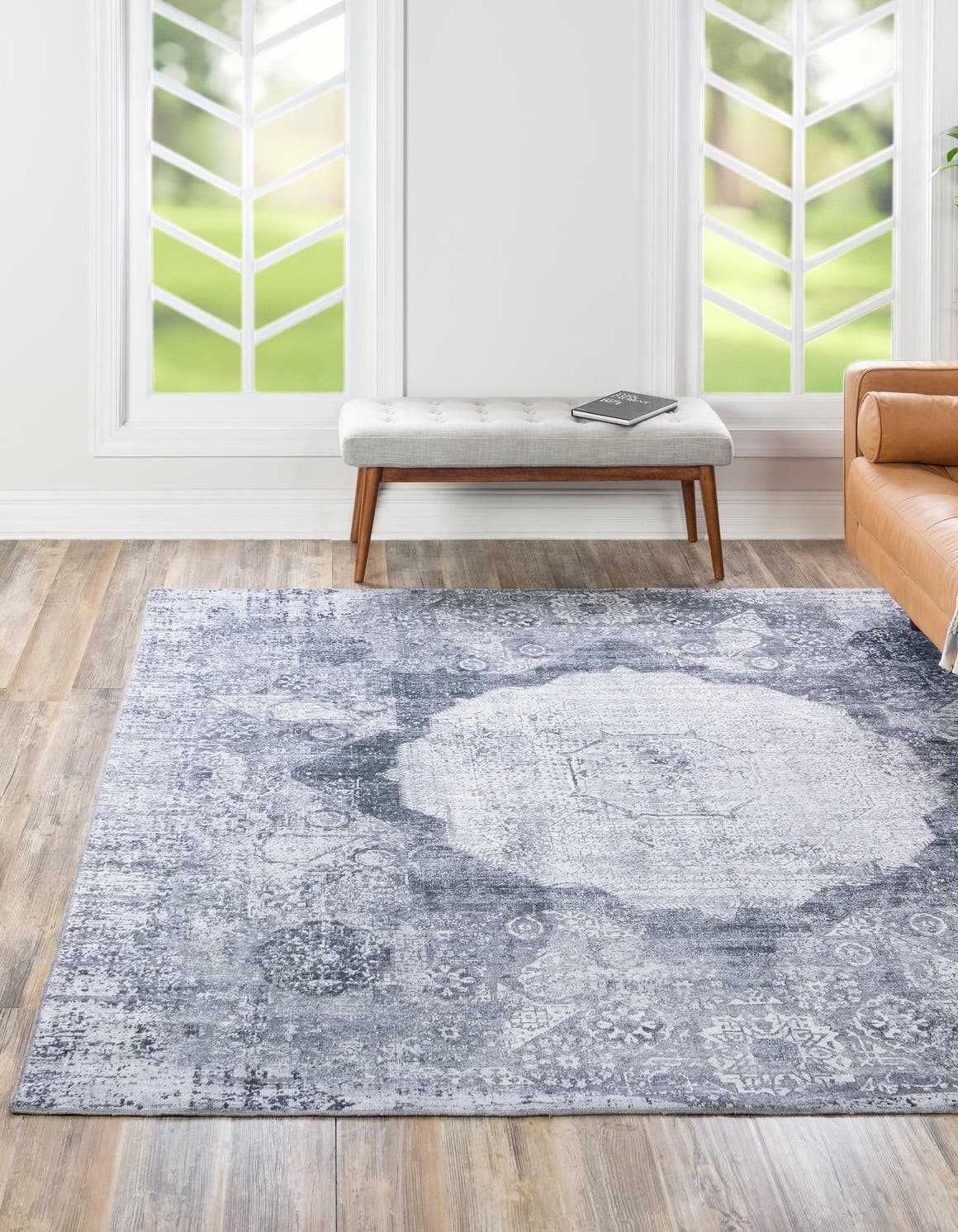 Washable Gray Ivory 5' x 5' Yara Square Area Rug Easy to Clean Stain Resistant & Durable Polyester & Chenille Carpet for Sale at Rug Engine