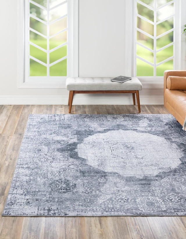 Washable Gray Ivory 5' x 5' Yara Square Area Rug Easy to Clean Stain Resistant & Durable Polyester & Chenille Carpet for Sale at Rug Engine
