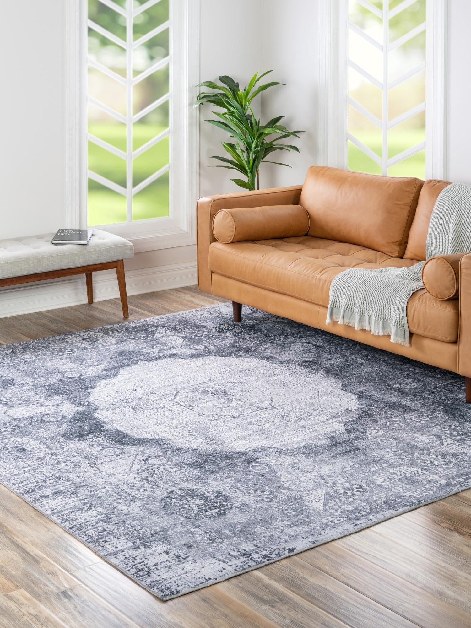 Washable Gray Ivory 7' 10 x 7' 10 Yara Square Area Rug Easy to Clean Stain Resistant & Durable Polyester & Chenille Carpet for Sale at Rug Engine
