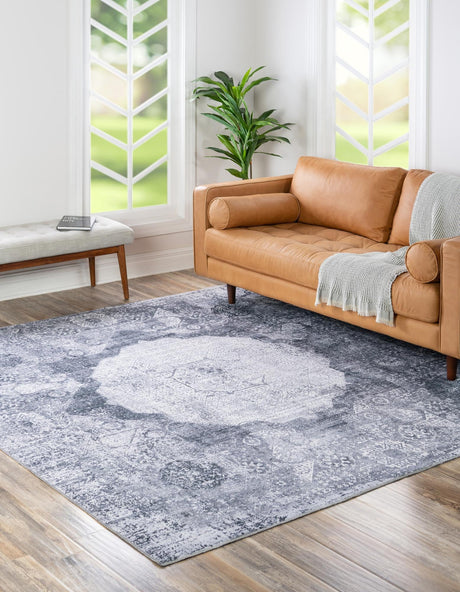 Washable Gray Ivory 7' 10 x 7' 10 Yara Square Area Rug Easy to Clean Stain Resistant & Durable Polyester & Chenille Carpet for Sale at Rug Engine