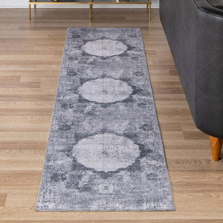 Washable Gray Ivory 2' x 8' Yara Runner Area Rug Easy to Clean Stain Resistant & Durable Polyester & Chenille Carpet for Sale at Rug Engine