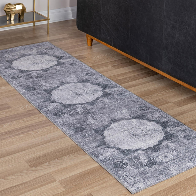 Washable Gray Ivory 2' x 8' Yara Runner Area Rug Easy to Clean Stain Resistant & Durable Polyester & Chenille Carpet for Sale at Rug Engine