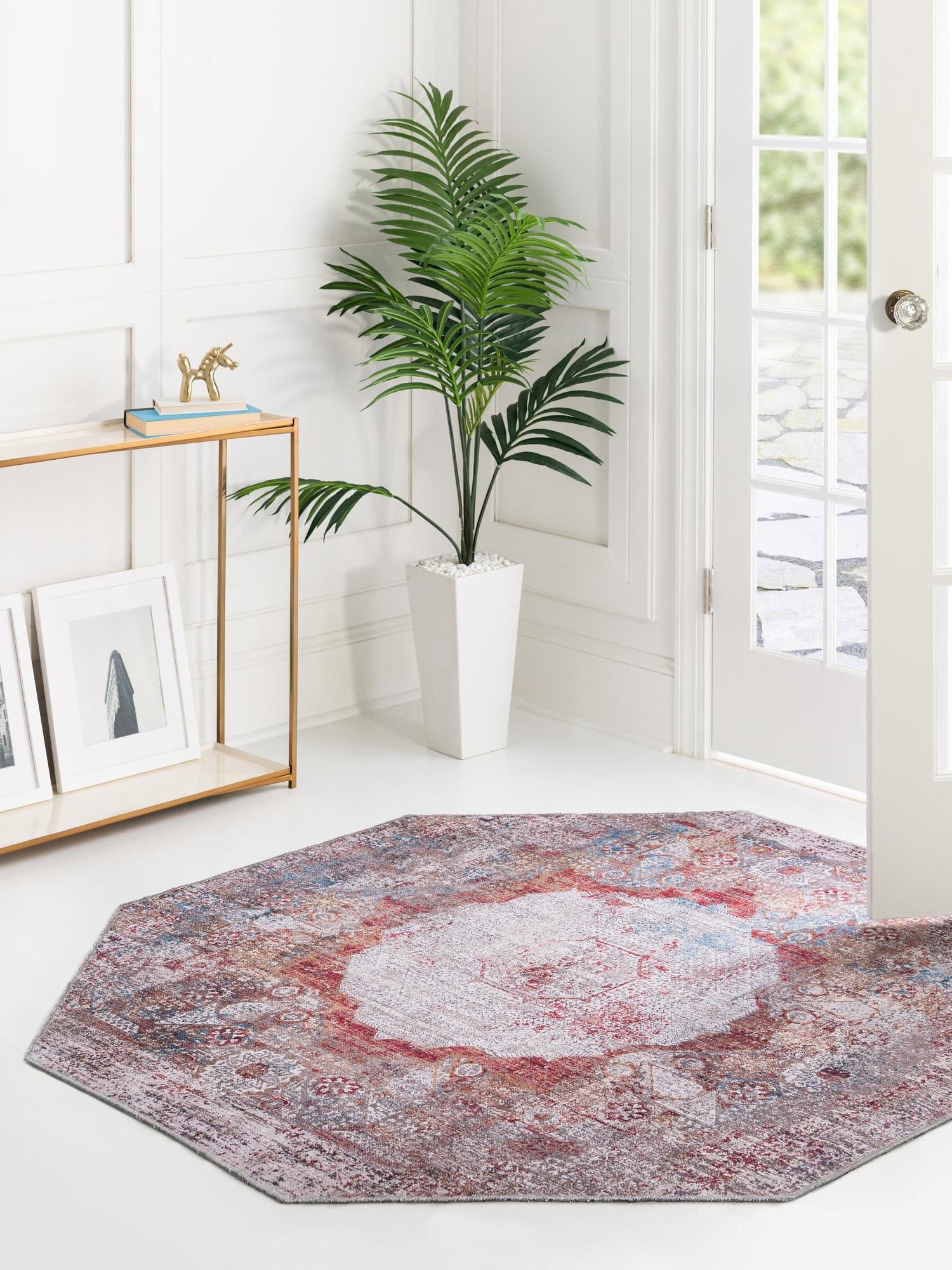 Washable Multicolor 5' x 5' Yara Octagon Area Rug Easy to Clean Stain Resistant & Durable Polyester & Chenille Carpet for Sale at Rug Engine