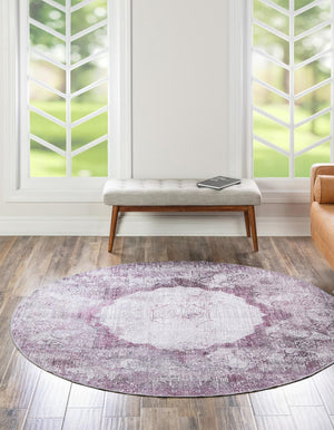 Washable Pink Ivory 7' 10 x 7' 10 Yara Round Area Rug Easy to Clean Stain Resistant & Durable Polyester & Chenille Carpet for Sale at Rug Engine