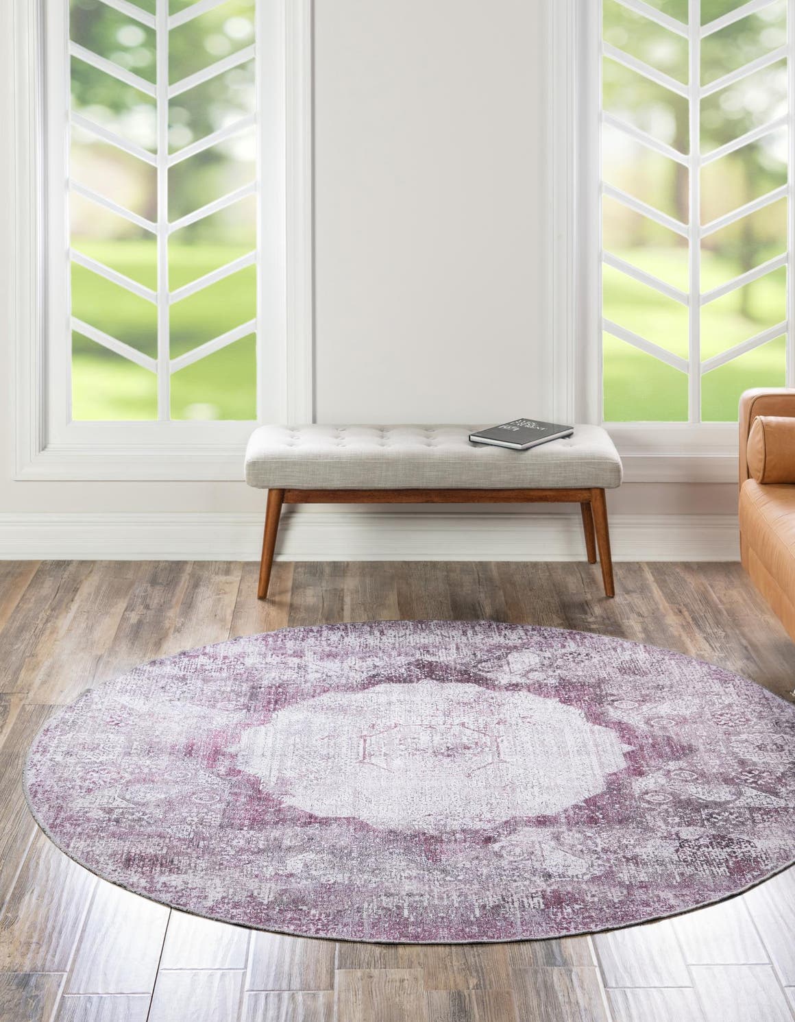 Washable Pink Ivory 4' x 4' Yara Round Area Rug Easy to Clean Stain Resistant & Durable Polyester & Chenille Carpet for Sale at Rug Engine