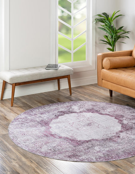 Washable Pink Ivory 7' 10 x 7' 10 Yara Round Area Rug Easy to Clean Stain Resistant & Durable Polyester & Chenille Carpet for Sale at Rug Engine