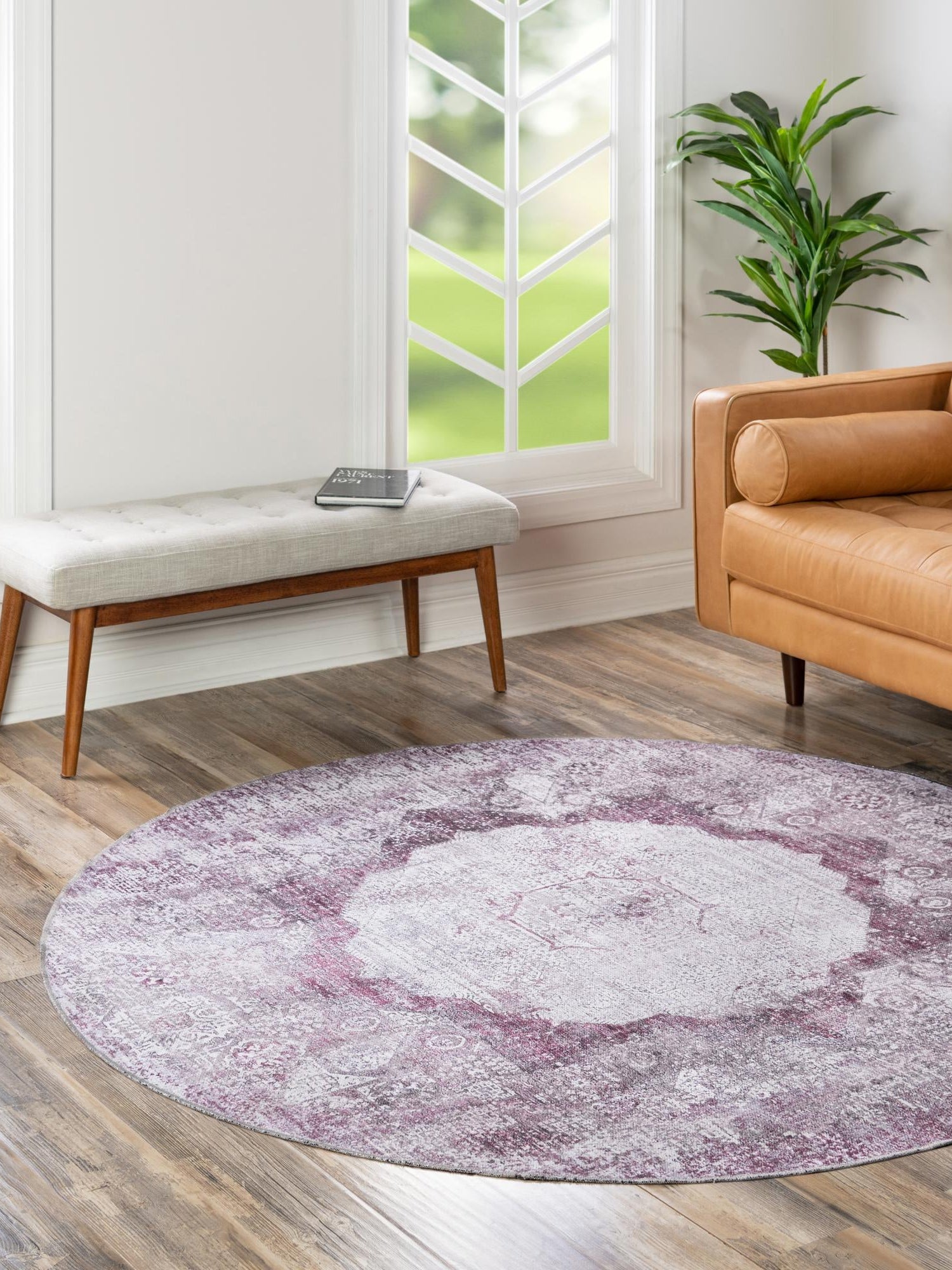 Washable Pink Ivory 6' x 6' Yara Round Area Rug Easy to Clean Stain Resistant & Durable Polyester & Chenille Carpet for Sale at Rug Engine