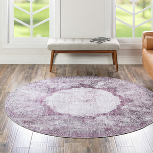 Washable Pink Ivory 7' 10 x 7' 10 Yara Round Area Rug Easy to Clean Stain Resistant & Durable Polyester & Chenille Carpet for Sale at Rug Engine