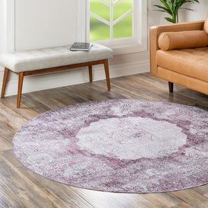 Washable Pink Ivory 7' 10 x 7' 10 Yara Round Area Rug Easy to Clean Stain Resistant & Durable Polyester & Chenille Carpet for Sale at Rug Engine