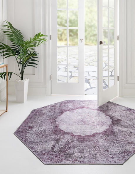 Washable Pink Ivory 5' x 5' Yara Octagon Area Rug Easy to Clean Stain Resistant & Durable Polyester & Chenille Carpet for Sale at Rug Engine