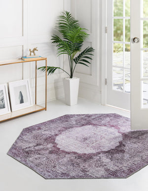Washable Pink Ivory 5' x 5' Yara Octagon Area Rug Easy to Clean Stain Resistant & Durable Polyester & Chenille Carpet for Sale at Rug Engine