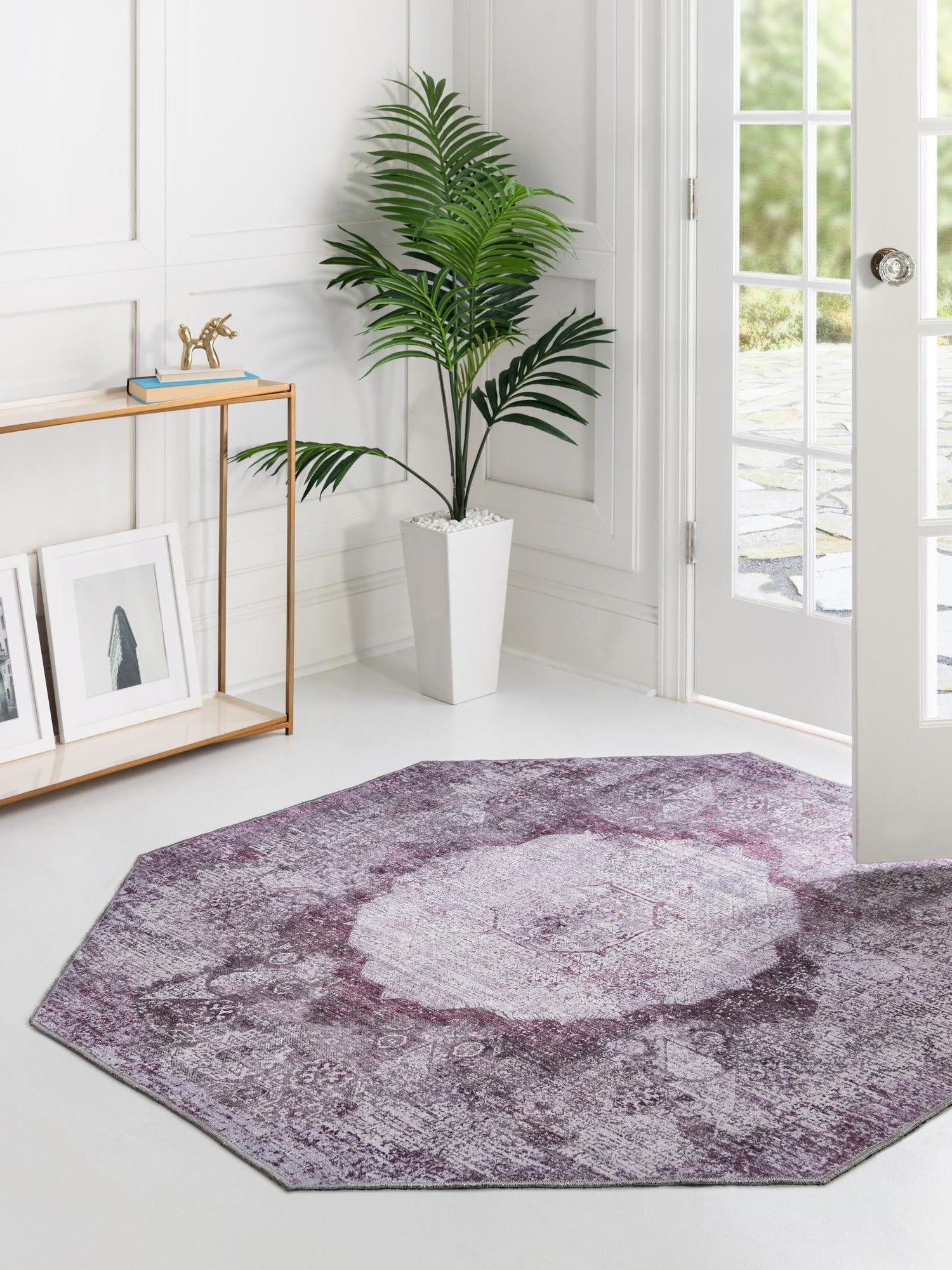 Washable Pink Ivory 7' 10 x 7' 10 Yara Octagon Area Rug Easy to Clean Stain Resistant & Durable Polyester & Chenille Carpet for Sale at Rug Engine