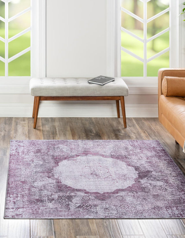 Washable Pink Ivory 5' x 5' Yara Square Area Rug Easy to Clean Stain Resistant & Durable Polyester & Chenille Carpet for Sale at Rug Engine