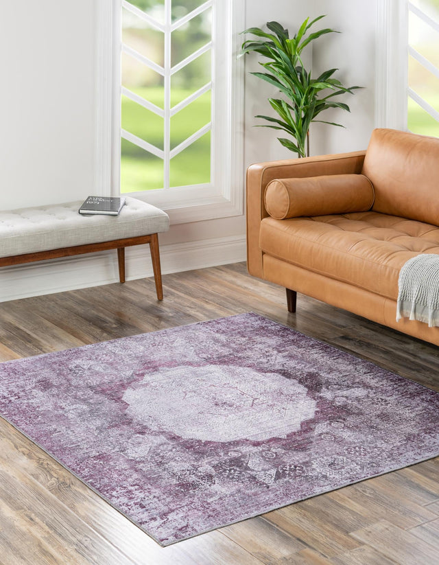 Washable Pink Ivory 5' x 5' Yara Square Area Rug Easy to Clean Stain Resistant & Durable Polyester & Chenille Carpet for Sale at Rug Engine