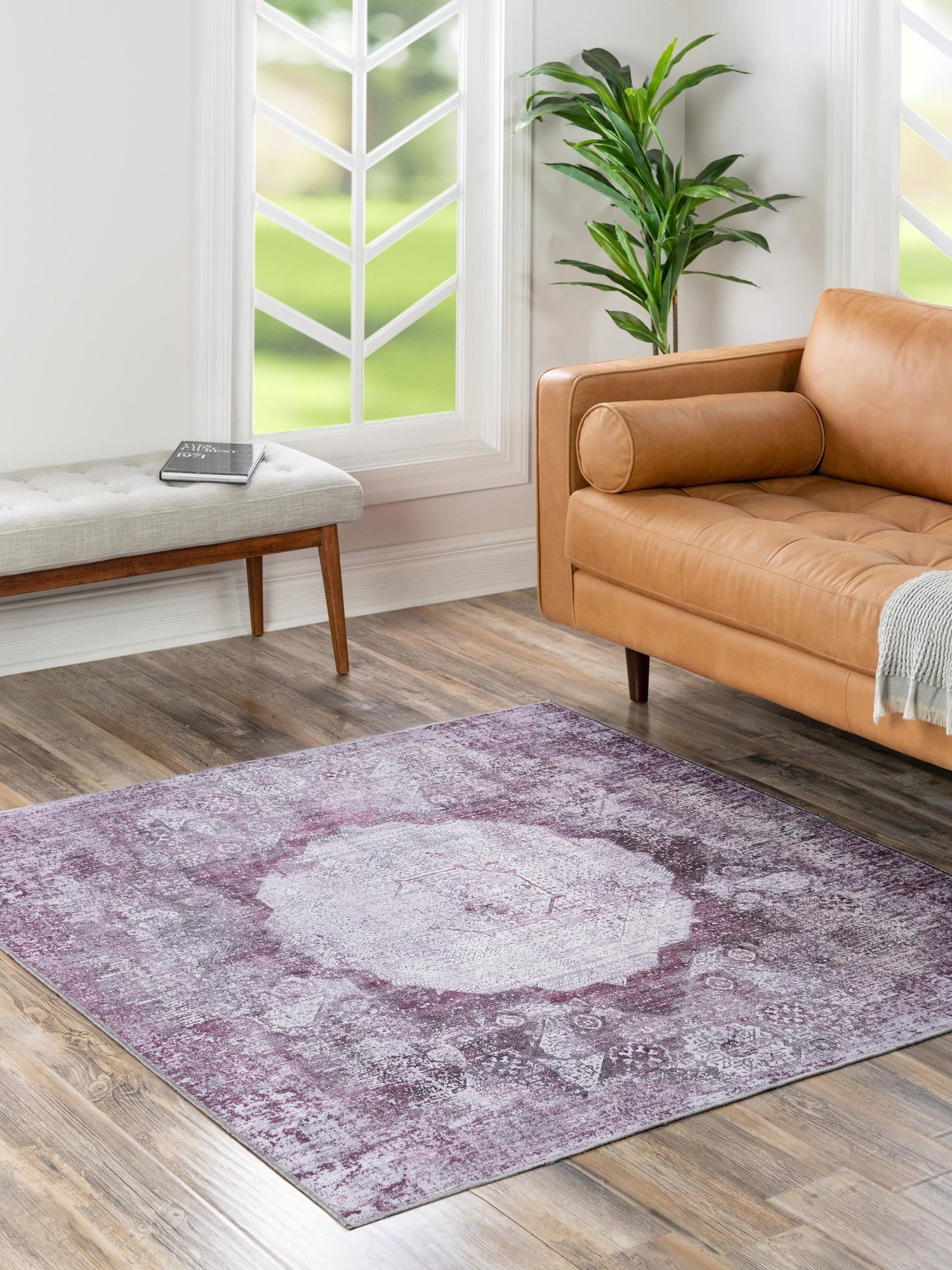 Washable Pink Ivory 7' 10 x 7' 10 Yara Square Area Rug Easy to Clean Stain Resistant & Durable Polyester & Chenille Carpet for Sale at Rug Engine