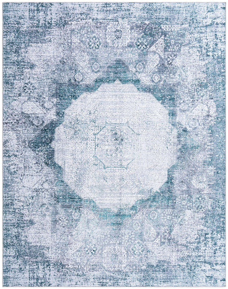 Washable Teal Ivory 7' 10 x 10' Yara Rectangle Area Rug Easy to Clean Stain Resistant & Durable Polyester & Chenille Carpet for Sale at Rug Engine