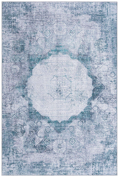 Washable Teal Ivory 6' x 9' Yara Rectangle Area Rug Easy to Clean Stain Resistant & Durable Polyester & Chenille Carpet for Sale at Rug Engine