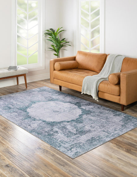 Washable Teal Ivory 5' x 8' Yara Rectangle Area Rug Easy to Clean Stain Resistant & Durable Polyester & Chenille Carpet for Sale at Rug Engine