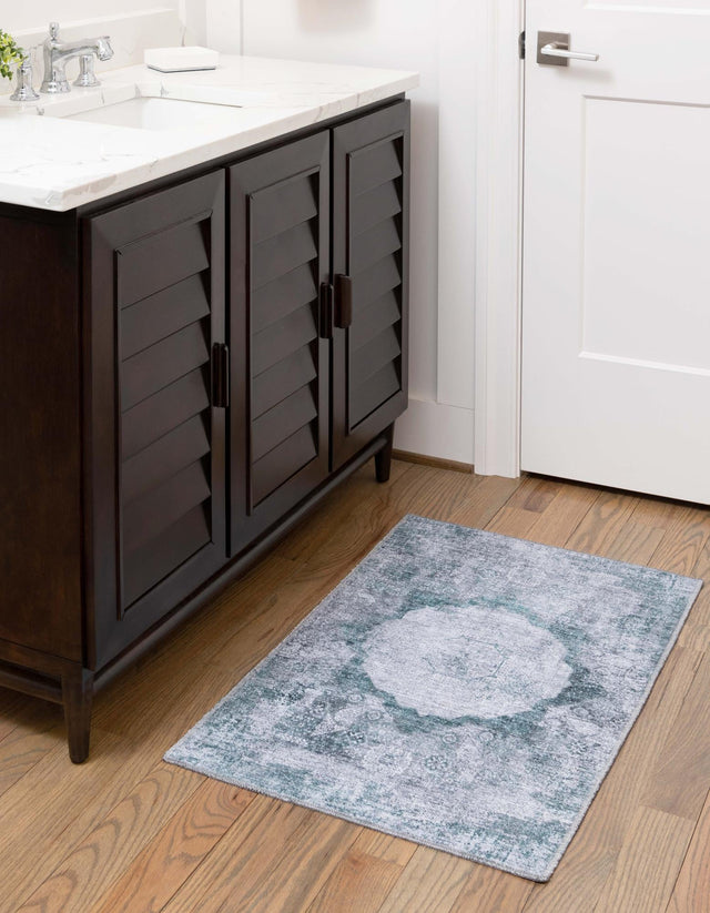 Washable Teal Ivory 5' x 8' Yara Rectangle Area Rug Easy to Clean Stain Resistant & Durable Polyester & Chenille Carpet for Sale at Rug Engine