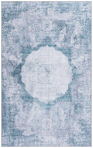 Washable Teal Ivory 5' x 8' Yara Rectangle Area Rug Easy to Clean Stain Resistant & Durable Polyester & Chenille Carpet for Sale at Rug Engine