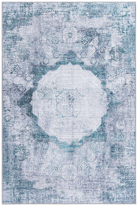 Washable Teal Ivory 4' x 6' Yara Rectangle Area Rug Easy to Clean Stain Resistant & Durable Polyester & Chenille Carpet for Sale at Rug Engine