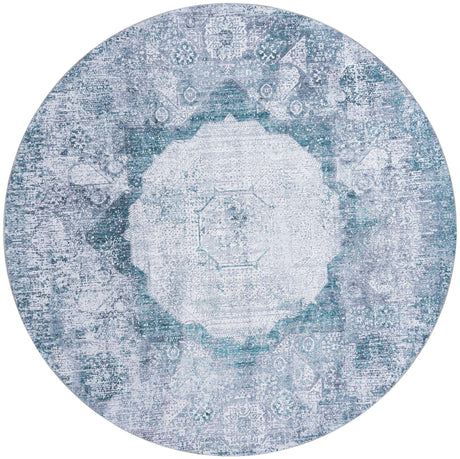 Washable Teal Ivory 7' 10 x 7' 10 Yara Round Area Rug Easy to Clean Stain Resistant & Durable Polyester & Chenille Carpet for Sale at Rug Engine