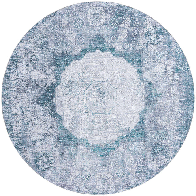 Washable Teal Ivory 7' 10 x 7' 10 Yara Round Area Rug Easy to Clean Stain Resistant & Durable Polyester & Chenille Carpet for Sale at Rug Engine