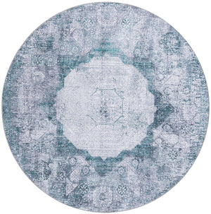 Washable Teal Ivory 6' x 6' Yara Round Area Rug Easy to Clean Stain Resistant & Durable Polyester & Chenille Carpet for Sale at Rug Engine