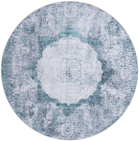 Washable Teal Ivory 6' x 6' Yara Round Area Rug Easy to Clean Stain Resistant & Durable Polyester & Chenille Carpet for Sale at Rug Engine