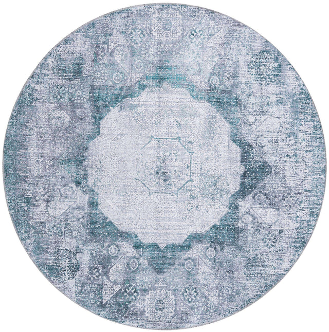 Washable Teal Ivory 6' x 6' Yara Round Area Rug Easy to Clean Stain Resistant & Durable Polyester & Chenille Carpet for Sale at Rug Engine