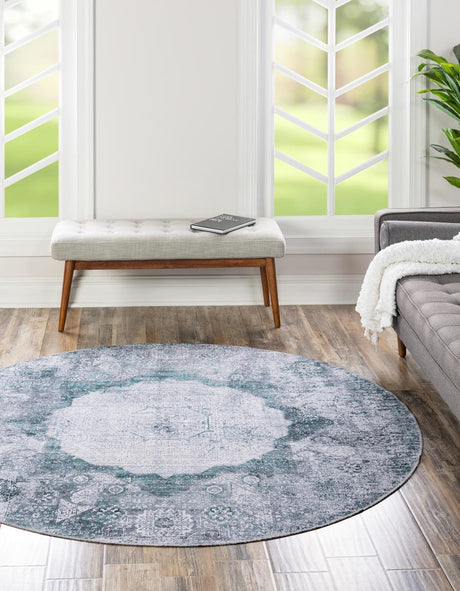 Washable Teal Ivory 7' 10 x 7' 10 Yara Round Area Rug Easy to Clean Stain Resistant & Durable Polyester & Chenille Carpet for Sale at Rug Engine