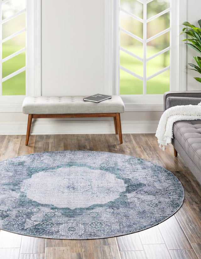 Washable Teal Ivory 7' 10 x 7' 10 Yara Round Area Rug Easy to Clean Stain Resistant & Durable Polyester & Chenille Carpet for Sale at Rug Engine