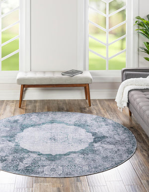 Washable Teal Ivory 6' x 6' Yara Round Area Rug Easy to Clean Stain Resistant & Durable Polyester & Chenille Carpet for Sale at Rug Engine