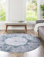 Washable Teal Ivory 6' x 6' Yara Round Area Rug Easy to Clean Stain Resistant & Durable Polyester & Chenille Carpet for Sale at Rug Engine
