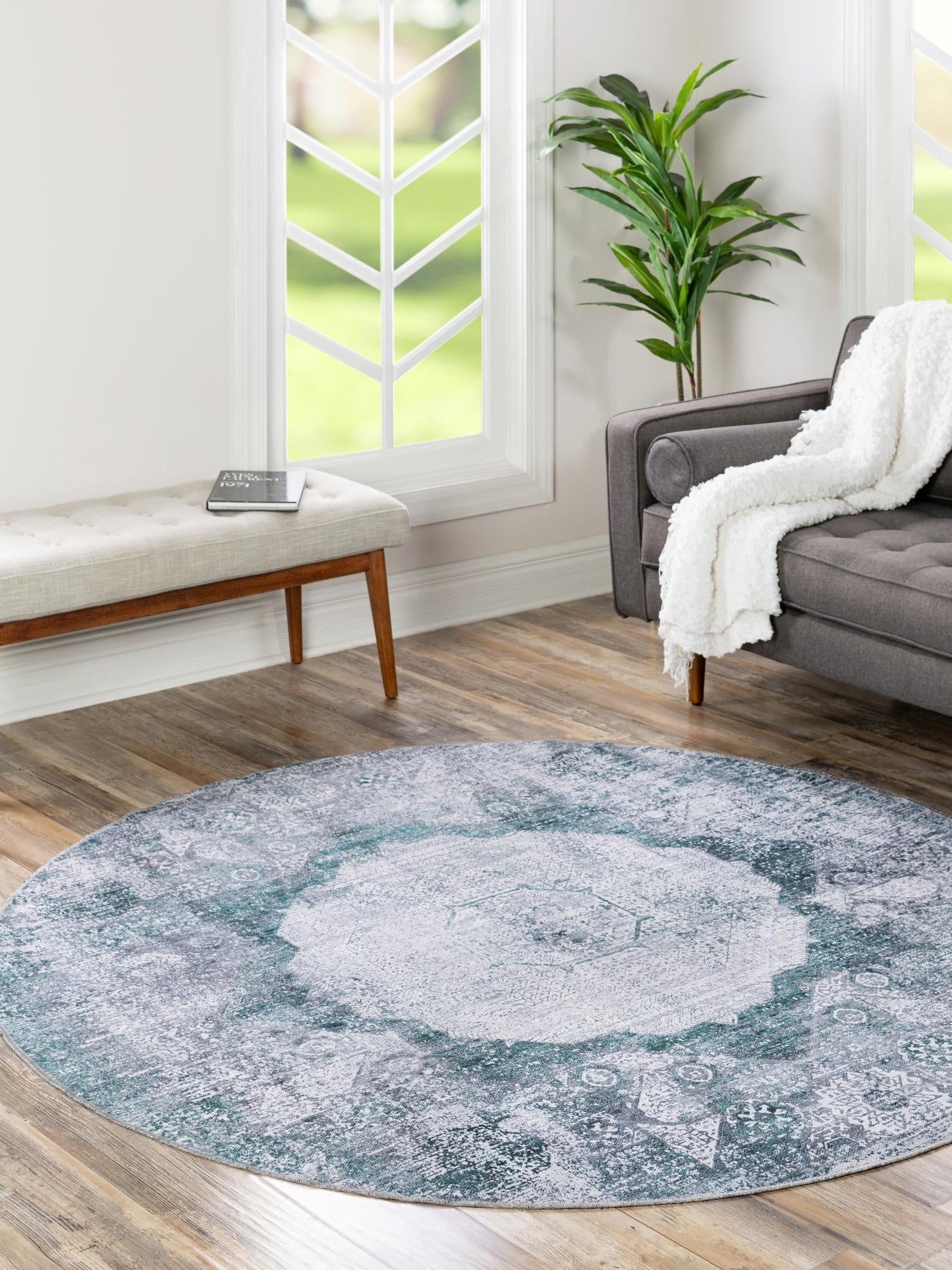 Washable Teal Ivory 6' x 6' Yara Round Area Rug Easy to Clean Stain Resistant & Durable Polyester & Chenille Carpet for Sale at Rug Engine