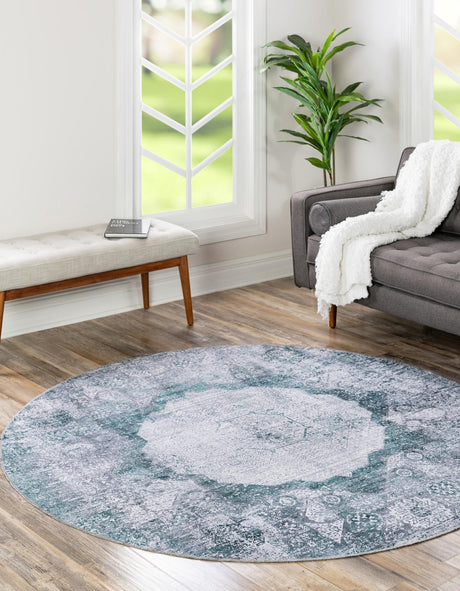 Washable Teal Ivory 6' x 6' Yara Round Area Rug Easy to Clean Stain Resistant & Durable Polyester & Chenille Carpet for Sale at Rug Engine