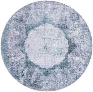 Washable Teal Ivory 4' x 4' Yara Round Area Rug Easy to Clean Stain Resistant & Durable Polyester & Chenille Carpet for Sale at Rug Engine