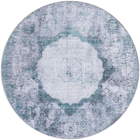 Washable Teal Ivory 4' x 4' Yara Round Area Rug Easy to Clean Stain Resistant & Durable Polyester & Chenille Carpet for Sale at Rug Engine