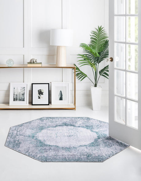 Washable Teal Ivory 7' 10 x 7' 10 Yara Octagon Area Rug Easy to Clean Stain Resistant & Durable Polyester & Chenille Carpet for Sale at Rug Engine