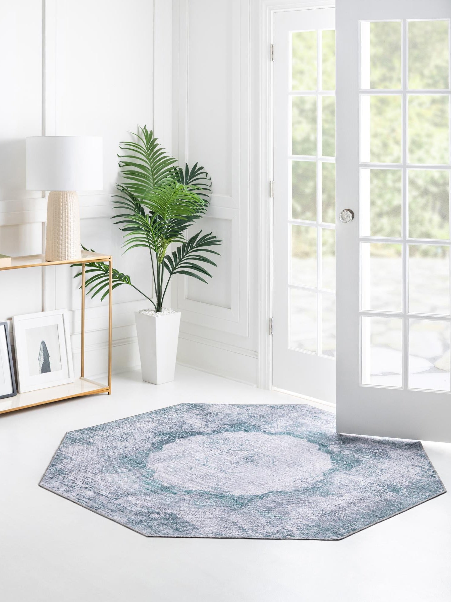 Washable Teal Ivory 7' 10 x 7' 10 Yara Octagon Area Rug Easy to Clean Stain Resistant & Durable Polyester & Chenille Carpet for Sale at Rug Engine
