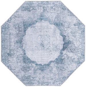 Washable Teal Ivory 5' x 5' Yara Octagon Area Rug Easy to Clean Stain Resistant & Durable Polyester & Chenille Carpet for Sale at Rug Engine
