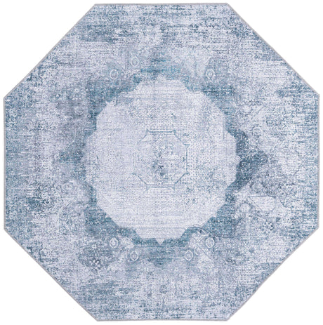 Washable Teal Ivory 5' x 5' Yara Octagon Area Rug Easy to Clean Stain Resistant & Durable Polyester & Chenille Carpet for Sale at Rug Engine