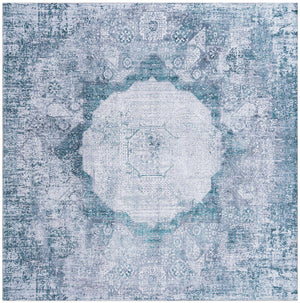 Washable Teal Ivory 7' 10 x 7' 10 Yara Square Area Rug Easy to Clean Stain Resistant & Durable Polyester & Chenille Carpet for Sale at Rug Engine