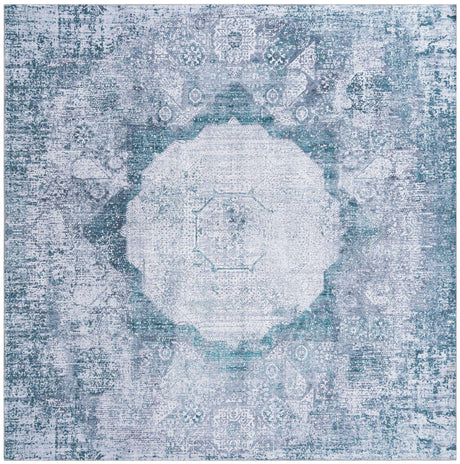 Washable Teal Ivory 7' 10 x 7' 10 Yara Square Area Rug Easy to Clean Stain Resistant & Durable Polyester & Chenille Carpet for Sale at Rug Engine
