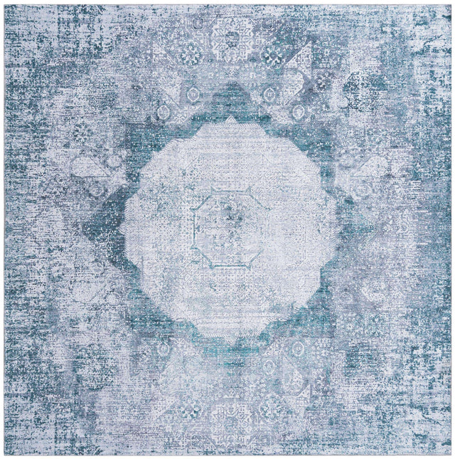 Washable Teal Ivory 7' 10 x 7' 10 Yara Square Area Rug Easy to Clean Stain Resistant & Durable Polyester & Chenille Carpet for Sale at Rug Engine