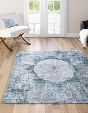 Washable Teal Ivory 5' x 5' Yara Square Area Rug Easy to Clean Stain Resistant & Durable Polyester & Chenille Carpet for Sale at Rug Engine
