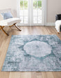 Washable Teal Ivory 5' x 5' Yara Square Area Rug Easy to Clean Stain Resistant & Durable Polyester & Chenille Carpet for Sale at Rug Engine